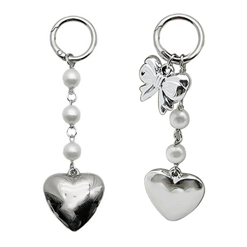 سلسلة مفاتيح على شكل قلب قوس Y2K للفتيات ، حلقة مفاتيح لؤلؤ معدنية بسيطة ، سلسلة مفاتيح قلب حب عتيقة ، قلادة حقيبة ، الموضة ، اللون الفضي