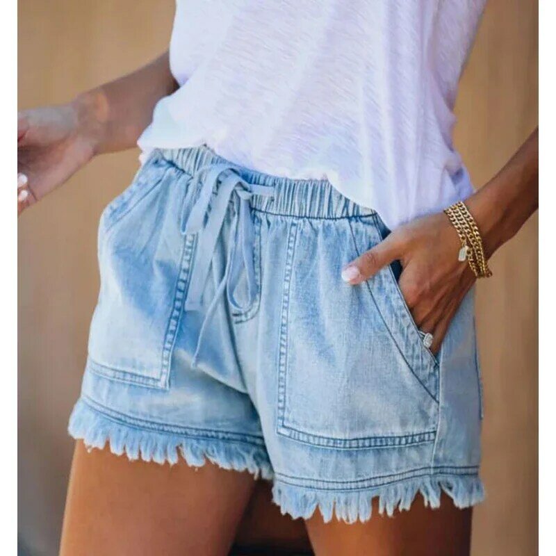 Рваные джинсовые шорты для женщин, Новинка лета 2024, облегающие эластичные узкие прямые шорты-трапеция с завышенной талией и манжетами, популярные шорты