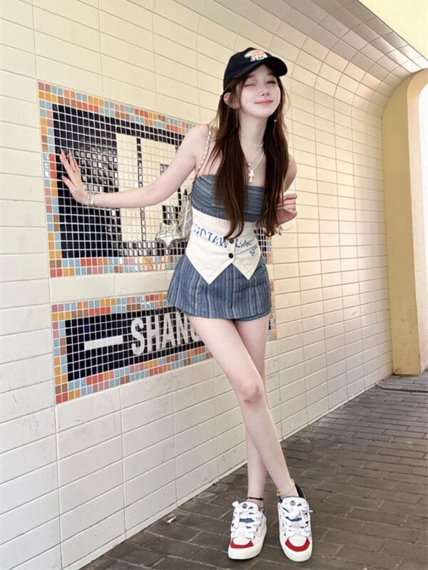 Koreanische süße würzige Mädchen BH Overall Gürtel zweiteilige Set Frauen Schlüsselbein ärmellose Patchwork schlanke Mode Sommer weibliche Kleidung