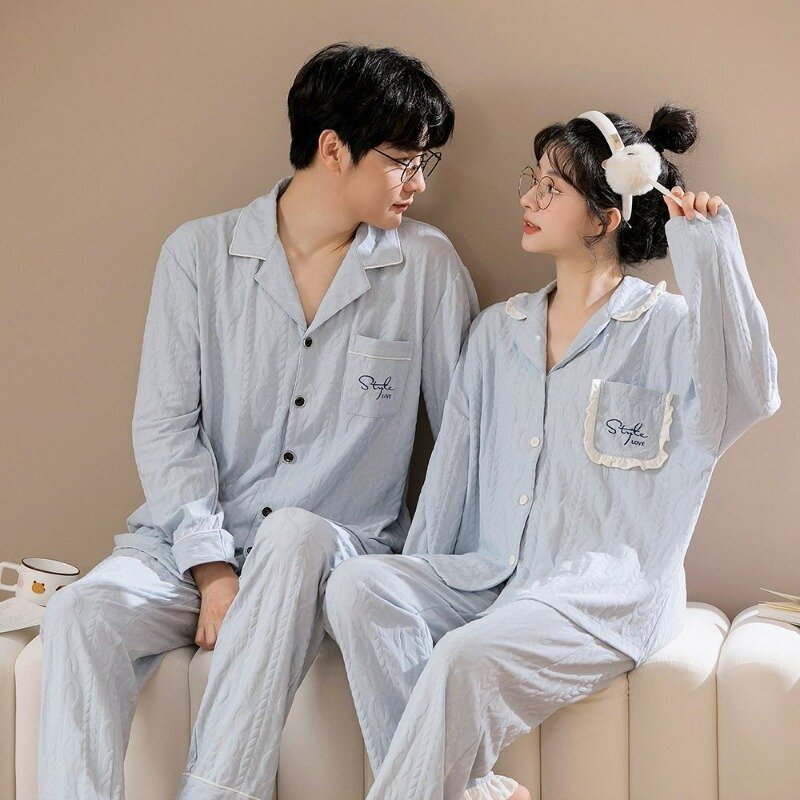 2024 New Couple Pajamas Spring Autumn Women Long-Sleeved Trousers Thin Homewear Suit Men Casual Loose Large Size Sleepwear Set