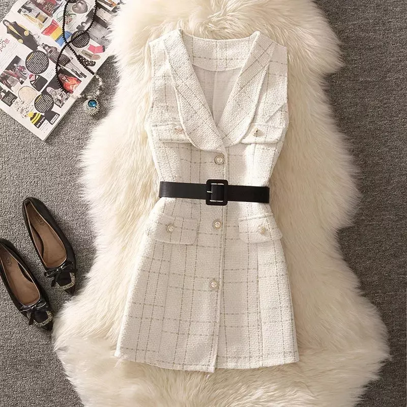 Vintage Mid-Length 75cm Plaid Tweed Vest Jacket Women 2 Piece Set Elegant Pearl Button Belted Unlined Waistcoat And Knit Sweater