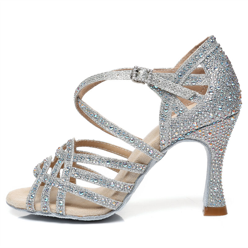 Mulher sapatos de dança de festa cetim brilhante strass fundo macio sapatos de dança latina mulher salsa sapatos de dança heel5CM-10CM