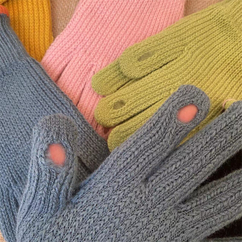 Inverno nova malha luvas de lã mulheres engrossar tela toque dedo cheio luvas estudante ciclismo moda quente bonito luvas t170