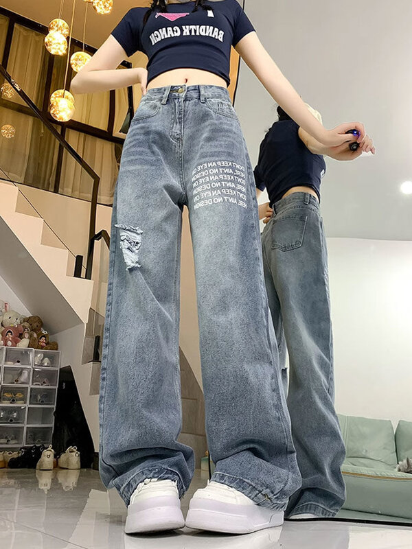Jmprs Vrouwen Streetwear Gat Jeans Vintage Letter Losse Casual Denim Broek Amerikaanse Retro Harajuku Hoge Taille Bf Design Broek