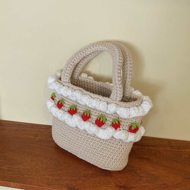 New Summer Khaki Bucket Woven Bag Seaside Holiday Beach Strawberry Knitting Handbag Female Picnic Leisure Crochet Basket Bag