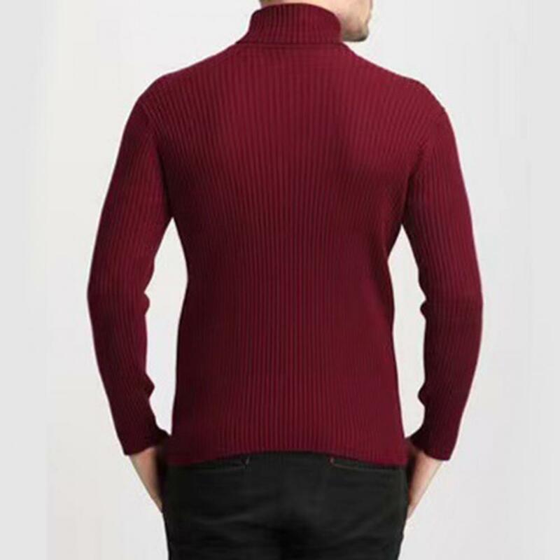 Suéter de malha de gola alta masculino, pulôver monocromático, slim fit, nervuras, quente, outono, inverno