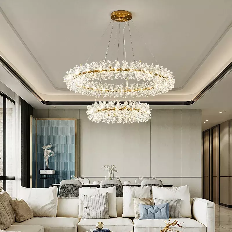 Candelabros LED de cristal transparente, lámpara redonda para sala de estar, restaurante, dormitorio, lámpara colgante de alambre de Metal dorado, Bombilla G4 ajustable reemplazable