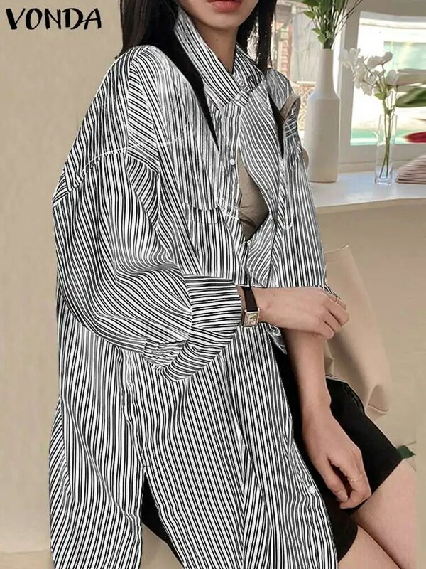 Vonda-Túnica feminina estampada com manga comprida listrada, camisas elegantes, blusa casual, tops de lapela vintage, escritório, outono, 2023
