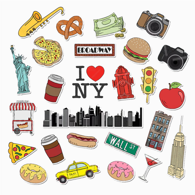 Nova Iorque cidade adesivos, amante de viagem, diy, adesivos, decalque para jornal, notebook, calendário, laptop, guitarra, cartão, presente, 35pcs