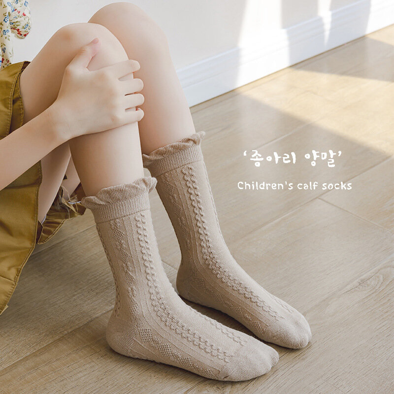 جوارب قطنية أحادية اللون للفتيات ، نمط ملتوي ، جوارب لوليتا فاخرة للأطفال ، من 1 إلى 12 عام ، الربيع والخريف