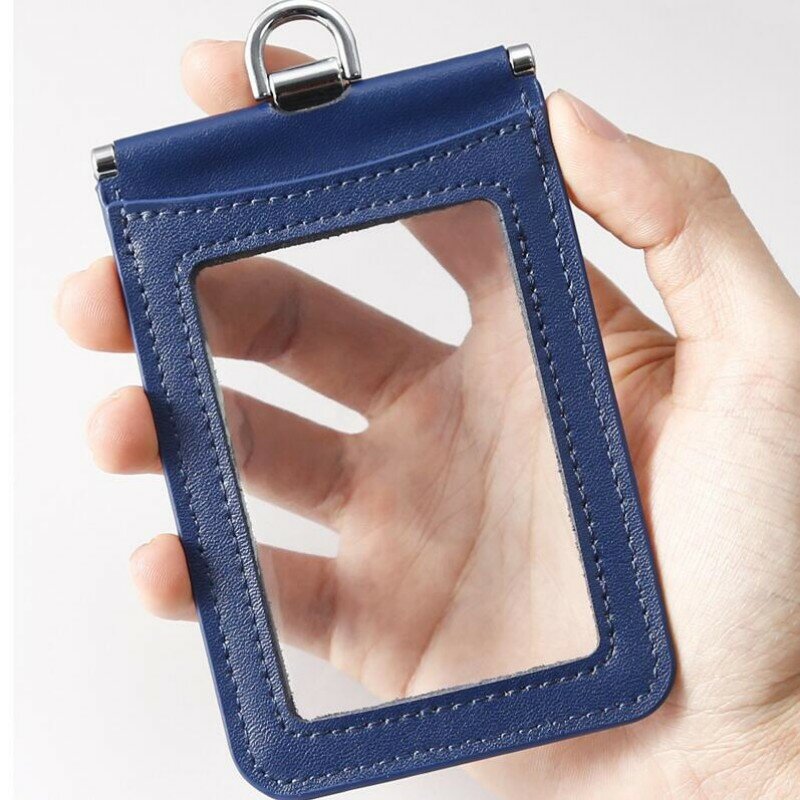 New Cow Leather ID Card Set Badge Holder Case Double-sided Transparent Work License Piece Set Lanyard Nameplate Protective Cover