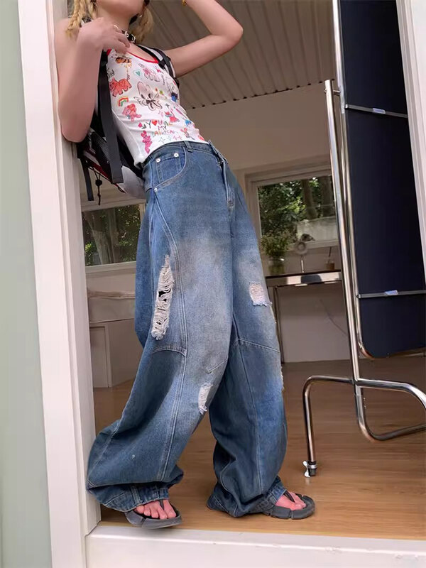 جينز REDDACHiC-Boyfriend للنساء ، جينز فضفاض مقلوب ، ريترو عالي الارتفاع ، غسيل متسخ ، ممزق ، بنطال جينز واسع الساق ، ملابس شارع Y2K