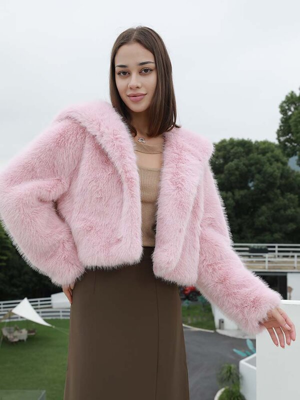 Jaqueta de pele curta imitação feminina, jaqueta emagrecedora, roupa elegante, estilo rosa, todos os tamanhos, nova, inverno