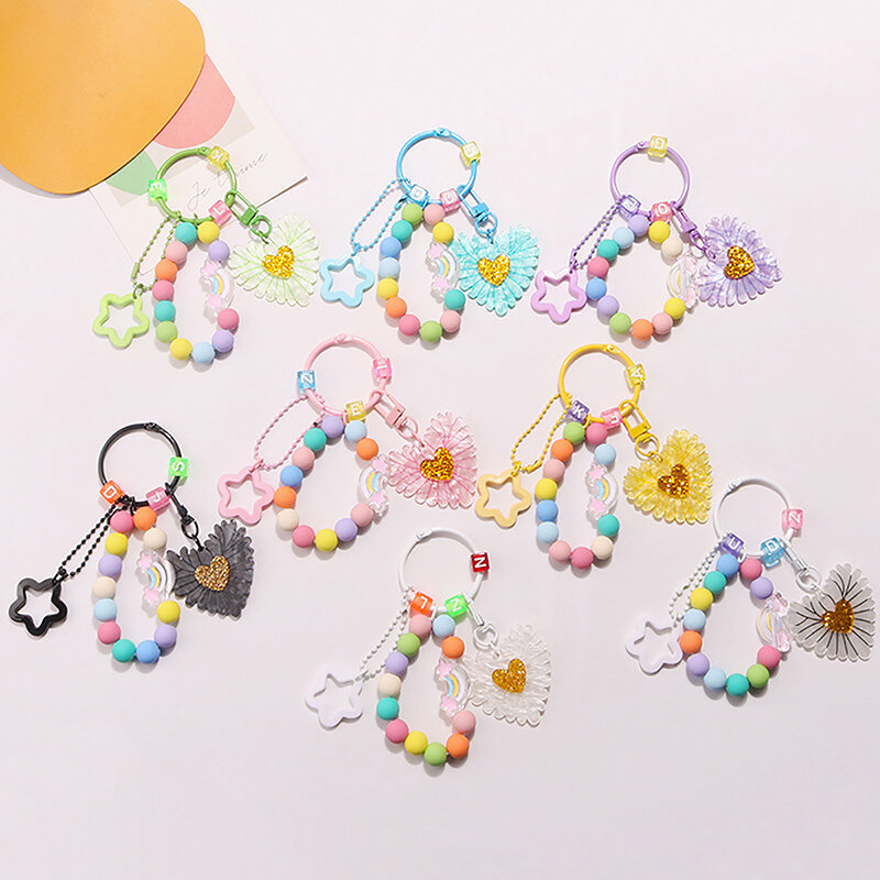 Cute Acrylic Stitching Hearts Pendant Keychains For Women Korean Style Bag Decoration Colorful Beaded Keyrings Keys Accessories