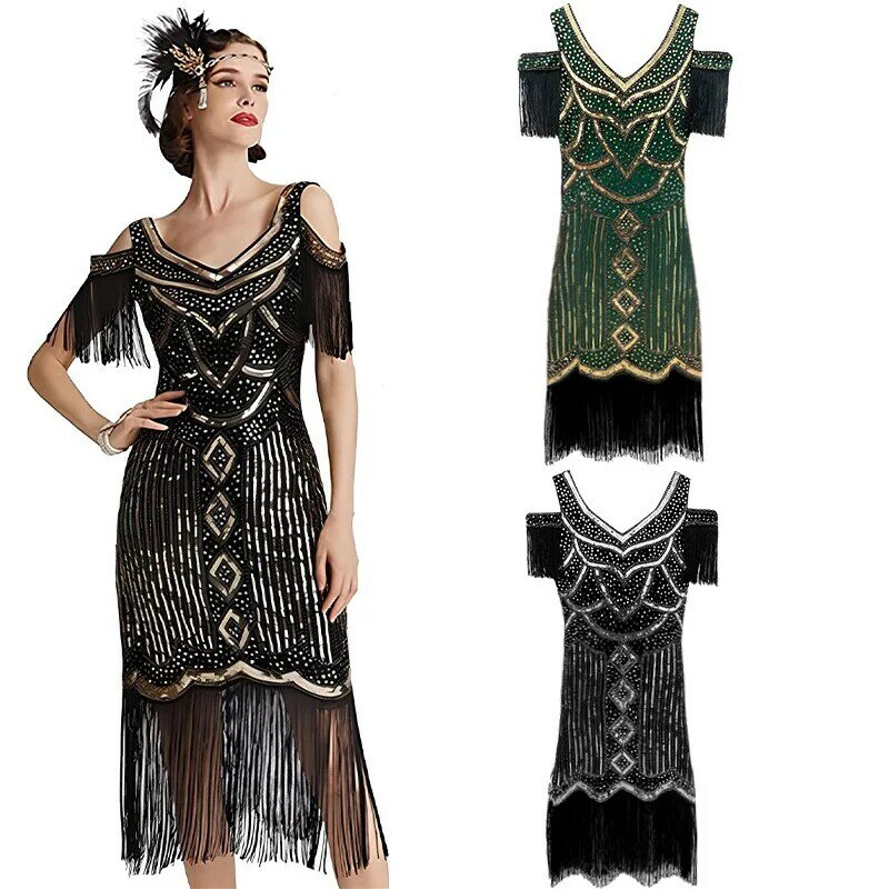 2023 New Women's Vintage Gatsby Evening Dress 1920 Theme Party Sequined Tassel Dress Sexy