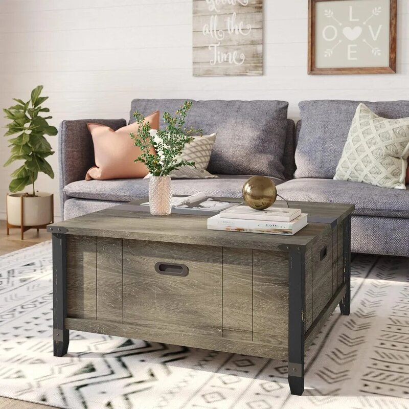 Bestier Farmhouse Coffee Table, Square Wood Center Table with Large Hidden Storage Compartment for Living Room