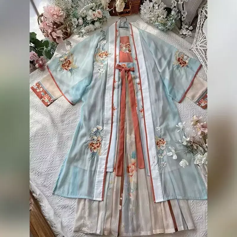 Vestido bordado tradicional chinês hanfu feminino, fantasia de cosplay de fadas, bege e azul, conjuntos antigos, plus size, xl