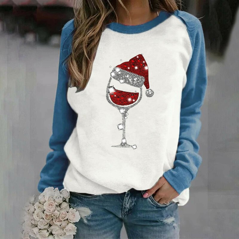 2023 Trendy Fall Winter Womens Christmas Sweatshirts Fun Graphic Wine Glasses Pullover Y2K Clothes Loose Fit Sweatshirts