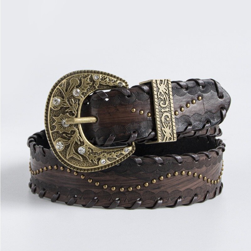Vintage rivetto fibbia incisa cintura donna Coffee Threading stampa personalità di lusso stile gotico cappotto accessori per abbigliamento cintura