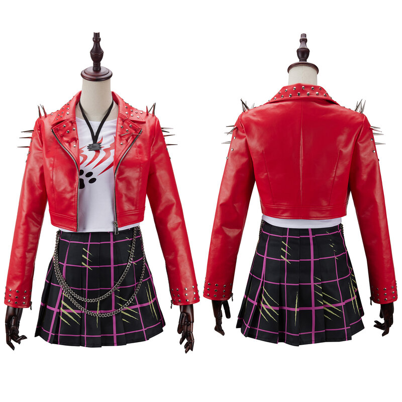 Anime Toralei Stripe Cosplay Costume Red Faux Leather Jacket Pleated Skirt Wristband Necklace For Women Halloween Carnival Suit