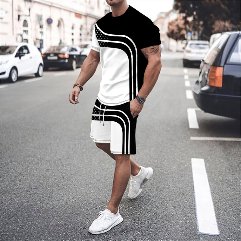 Men's short sleeved round neck T-shirt 2-piece set, casual street clothing, 3D letter line splicing, outdoor sports