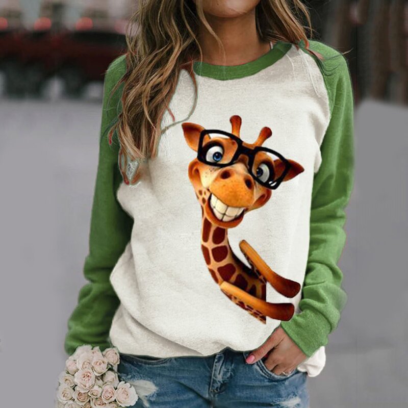 Hoodie jerapah lucu Sweatshirt lengan panjang kasual wanita pullover bertudung gambar hewan Anime jelek Vantage kebesaran