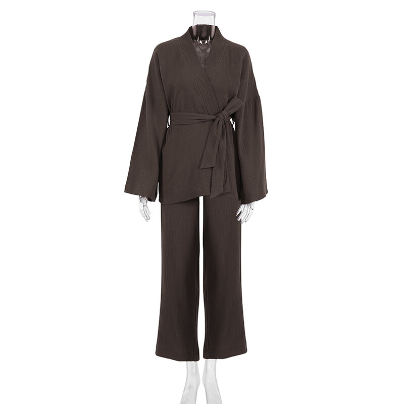 Hiloc-Conjunto de pijama de algodón para mujer, ropa de dormir con bata de manga acampanada, camisón de 2 piezas, trajes de pantalón informales con cordones