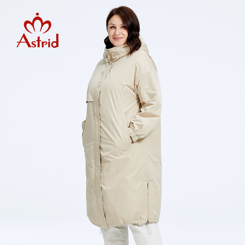 Astrid-longo casaco de algodão fino para as mulheres, parka com capuz com bainha dividida, roupas quentes acolchoadas, tamanho grande, outono e inverno