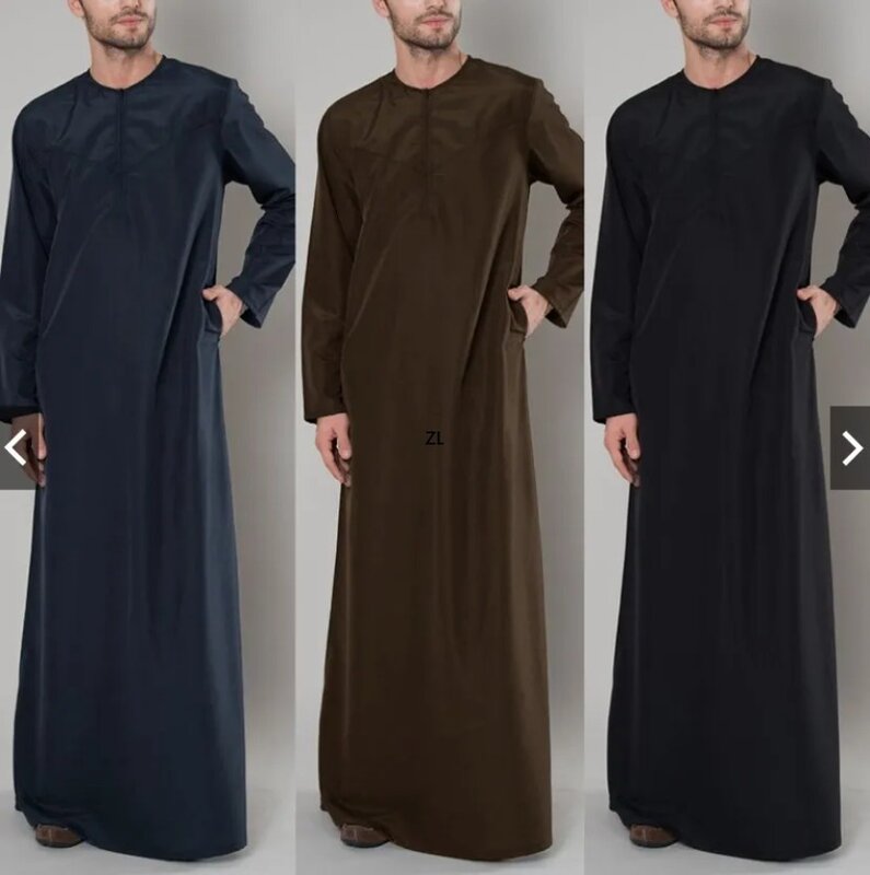Printemps Été 2024 Musulman Hommes À Manches sulfO-cou Coton Noir Long Jubba Thobe Musulman Mode Abaya Musulman Vêtements S-5XL