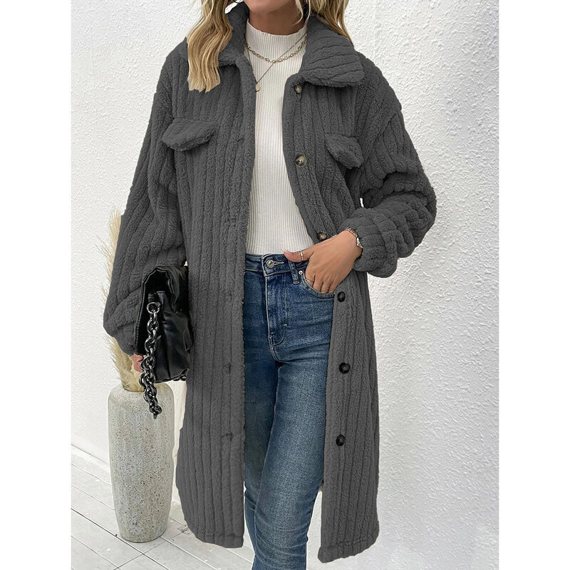 Женское длинное повседневное пальто в полоску с лацканами