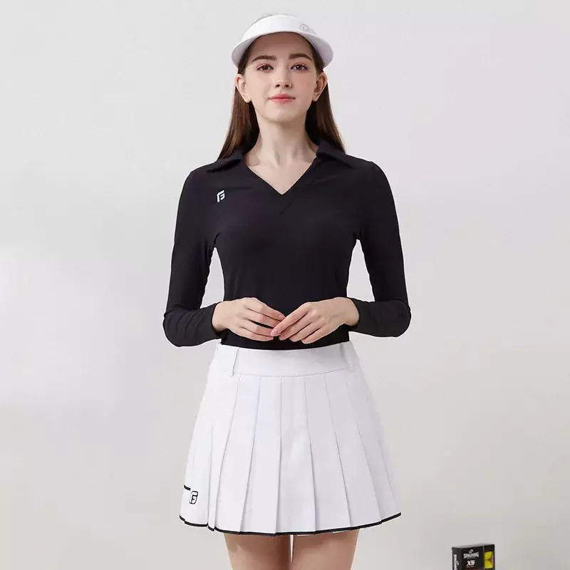 Golfowa damska golfowa z dekoltem w szpic z pełnym rękawem koszulka sportowa kobiet z wysokim stanem plisowana szczupła golfowa na co dzień komplety spódniczek przeciwświetlna