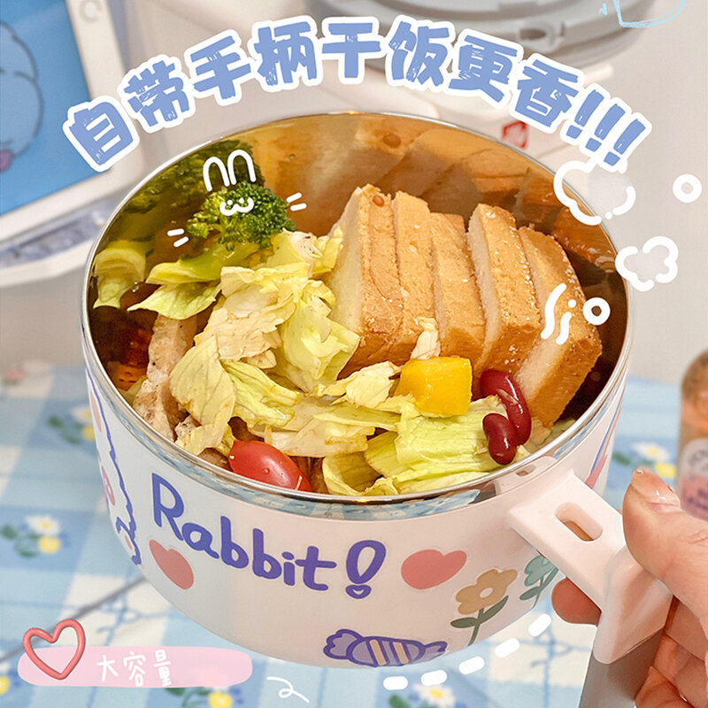 Kawaii Stainless Steel Ramen Bowl With Lid Cute Large Instant Noodles Fruit Salad Rice Soup Bowl Kitchen Tableware 1000/1300ml
