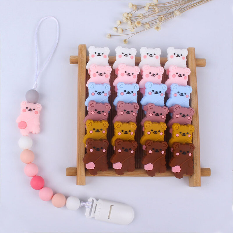 21*30mm 5pc/lot Silicone Bear Beads Baby Teething Pacifier Chains Necklace Accessories Safe Food Grade Nursing Chewing BPA Free