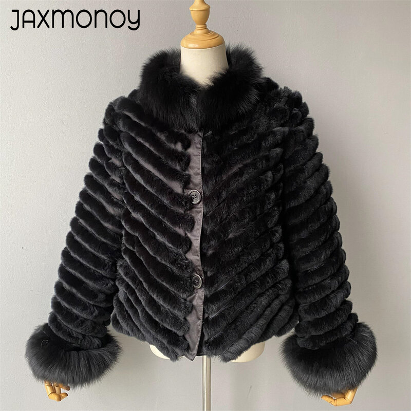 Jaxmonoy Women's Real Rabbit Fur Coat Real Fox Fur Collar And Cuffs Winter Fashion Warm Reversible Fur Jacket Ladies Casaco Fall