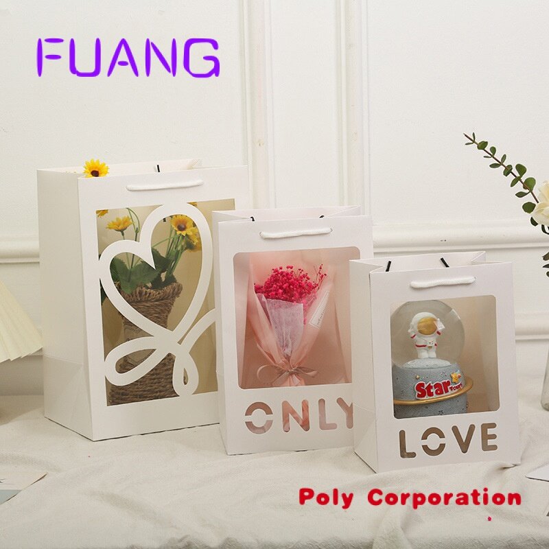 Sac d'emballage carré avec fenêtre, sac cadeau, amour, fleuriste, bouquet, fête de Léon, vente en gros, 2023