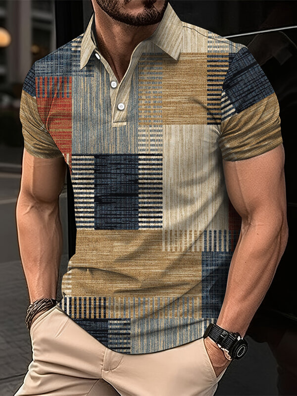New Vintage Men's Camisa Polo 3D Moda Patchwork Impressão Camisas Casual Curto-Manga Verão Streetwear Homens Roupas Tees Tops