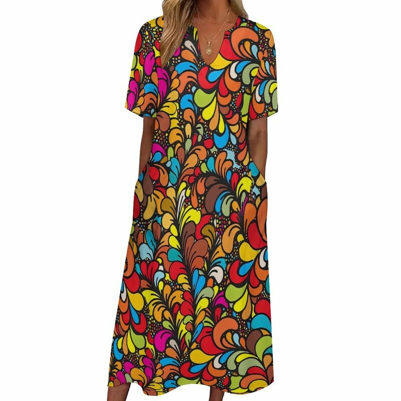 Boho Floral Dress Colorful Print Kawaii Maxi Dress Aesthetic Casual Long Dresses Women V Neck Design Big Size Vestidos