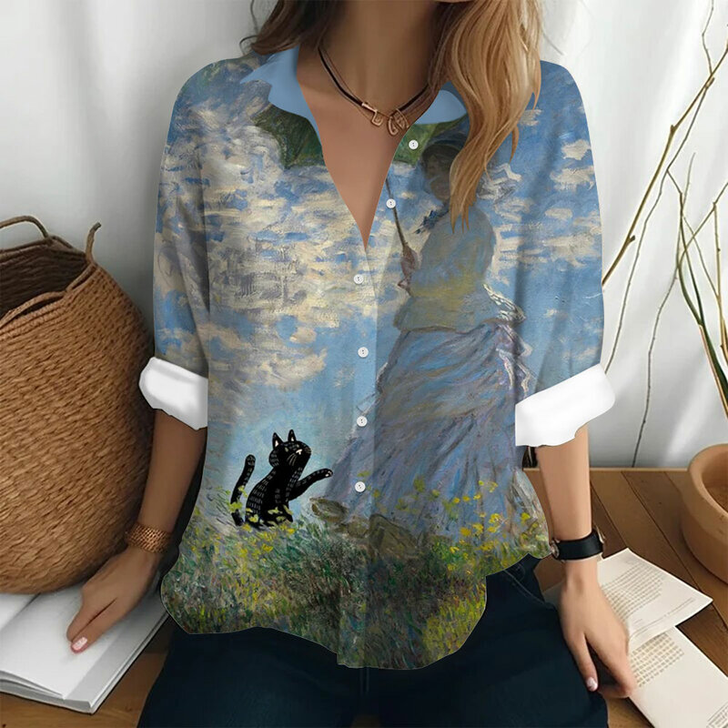Женские рубашки и блузки, рубашки в стиле ретро с принтом кошек, Повседневная модная Базовая рубашка, летние женские свободные блузки с длинным рукавом