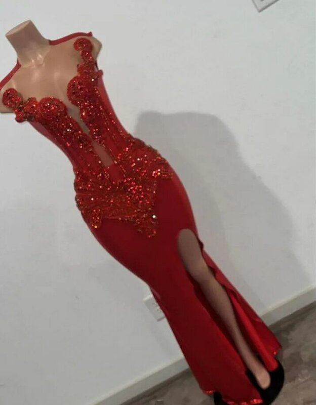 2024 czerwona świecąca syrena wieczorowa suknia na studniówkę diamentowy kryształ Sexy z rozcięciem długa wieczorowa suknia recepcyjna abito da cerimonia