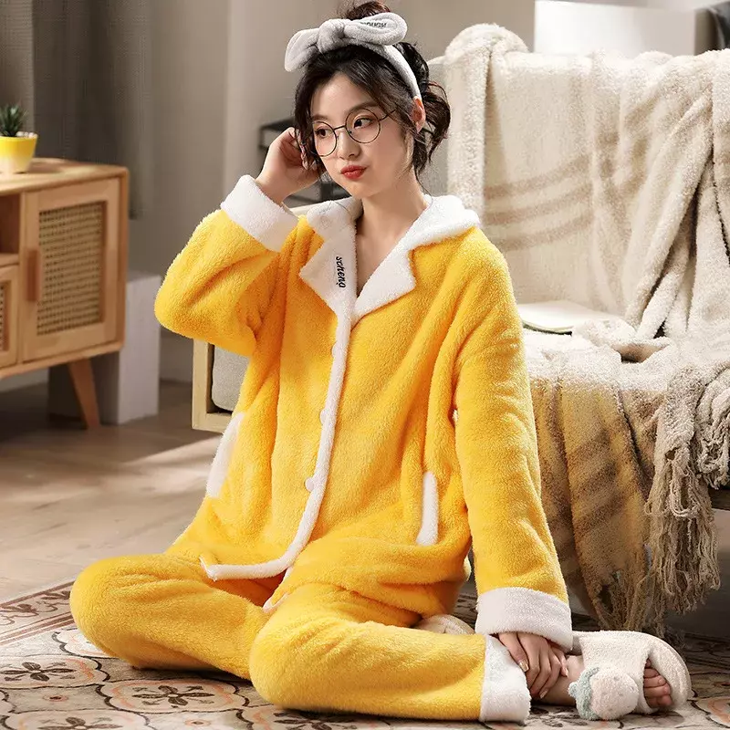 Conjunto de pijamas de franela gruesa y cálida para mujer, ropa de dormir de manga larga, Coral, traje de Casa coreano, invierno, 2 piezas