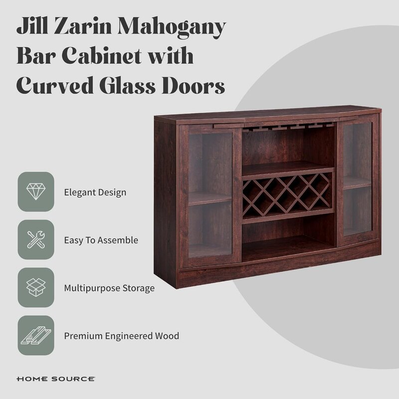 Jill Zarin Stylish Elegant Indoor Home Mahogany-Colored Bar Cabinet with Curved Glass Doors, Liquor Cabinet - Mahogany
