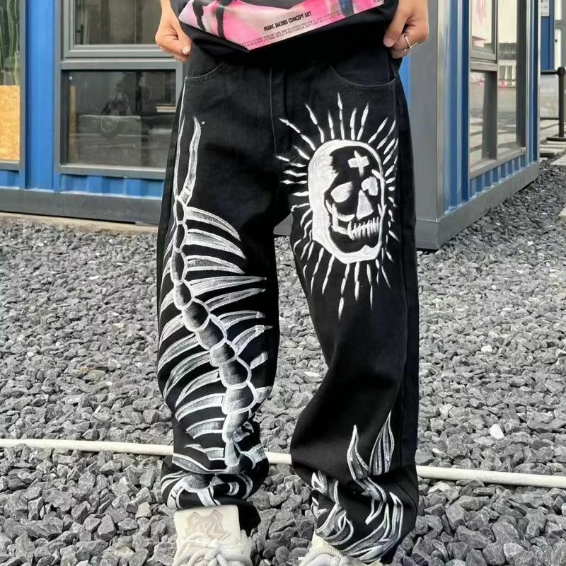 American high street graffiti skull personality print jeans men and women new ins trend street hip hop straight leg loose pants