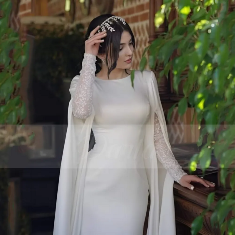Flavinke Simple Satin Muslim Wedding Dresses 2023 O Neck Lace Full Sleeve Long Dresses vestido de novia Custom robe de mariée