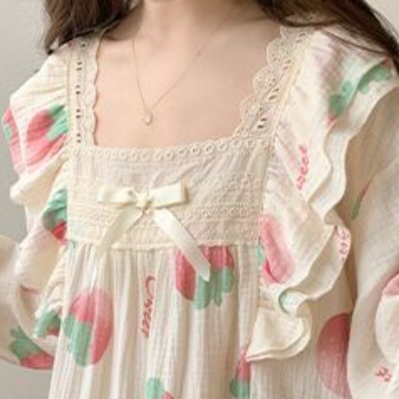 Gaun malam putri Jepang wanita, baju tidur kasual panjang setengah lengan panjang musim semi musim gugur
