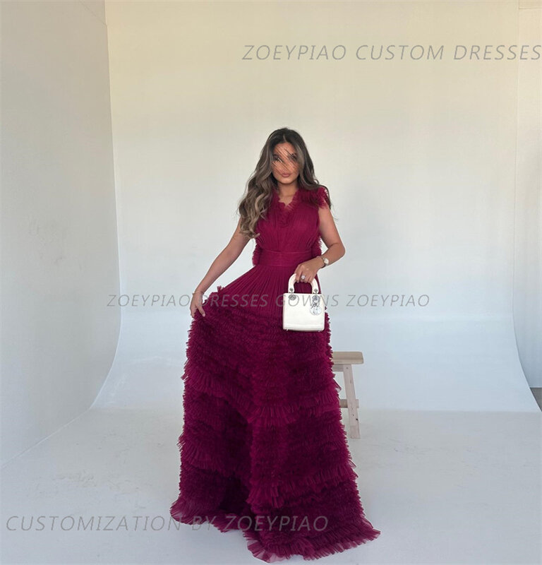 Gaun malam Tule berjenjang ungu khusus gaun malam tanpa lengan Arab Saudi A-Line lipit gaun pesta Arab Saudi 2024