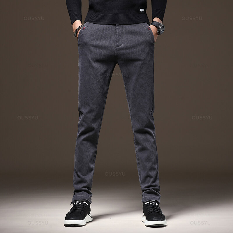 MINGYU-pantalones Cargo elásticos clásicos para hombre, Pantalón de algodón ajustado, gris, verde, coreano, grueso, informal, otoño e invierno, nuevo