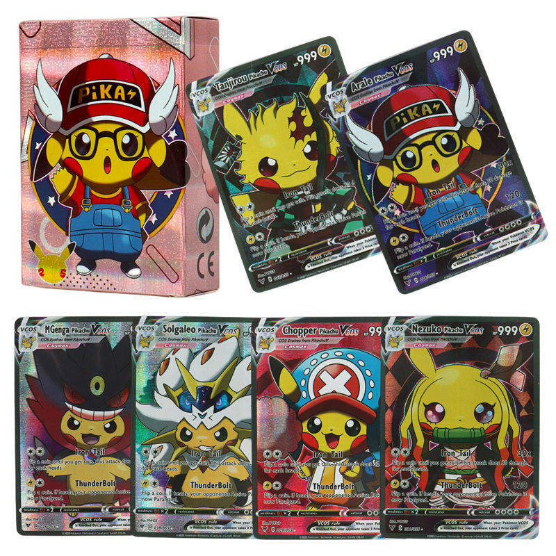DIY karty holograficzne Pokemon Pikachu Cosplay Luffy Tanjirou jednoczęściowy Goku Eva Frieza postacie z Anime angielska błyszcząca karta
