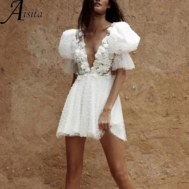 Женское свадебное платье It's yiiya, белое винтажное платье трапециевидной формы с V-образным вырезом, открытой спиной и полурукавами на лето 2019