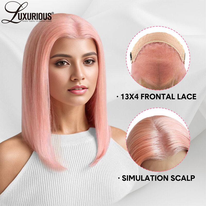 Peluca de cabello humano liso para mujer, postizo de encaje Frontal transparente Hd, color rosa corto, 13x4, Remy brasileño
