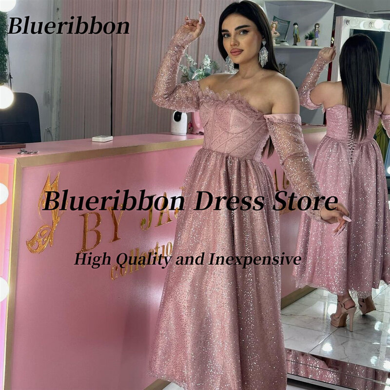 Blueribbon Shinny Prom Vestidos, Vestidos de noite com renda, mangas compridas, vestido de festa, Querida, 2022